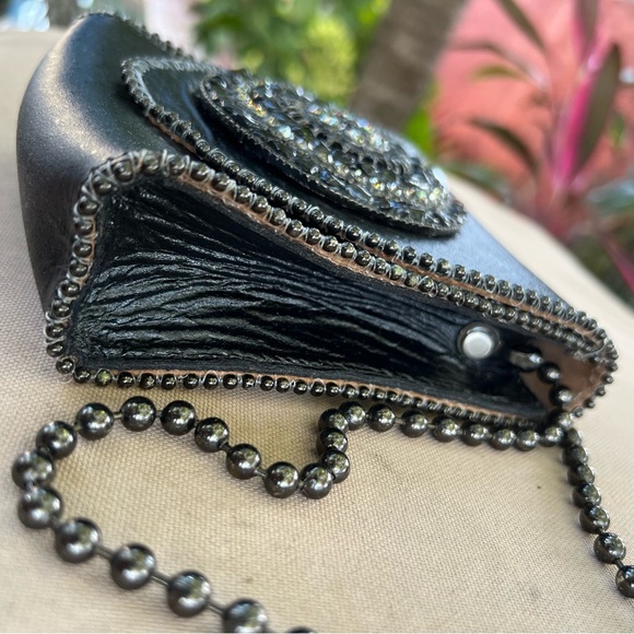 LR Leatherock Black Leather Mini Crossbody Bag Crystal Rock Pebbled Detail - Picture 5 of 16